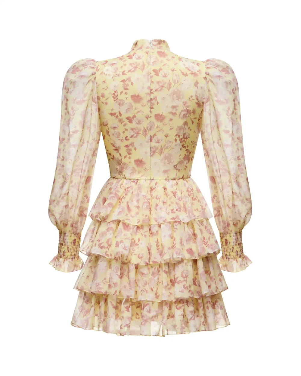 Valerie mini, платье мини из желтого шифона со средними светло-розовыми цветами