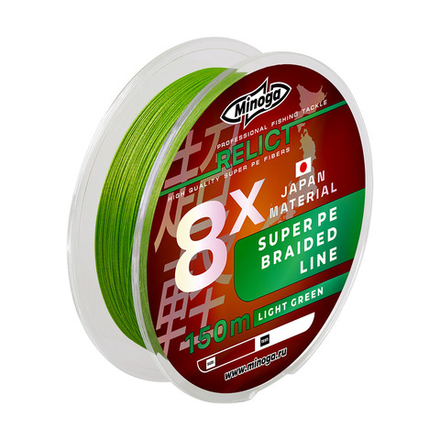 Шнур Minoga RELICT SUPER PE LIGHT GREEN X8, 150 m., d 0,18 mm. , test 14,07 kg.