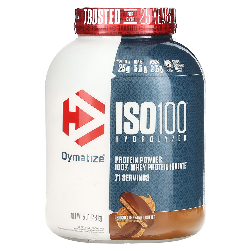 Dymatize, ISO100®, гидролизованный, 100% изолят сывороточного протеина, шоколад и арахисовое масло, 2,3 кг (5 фунтов)