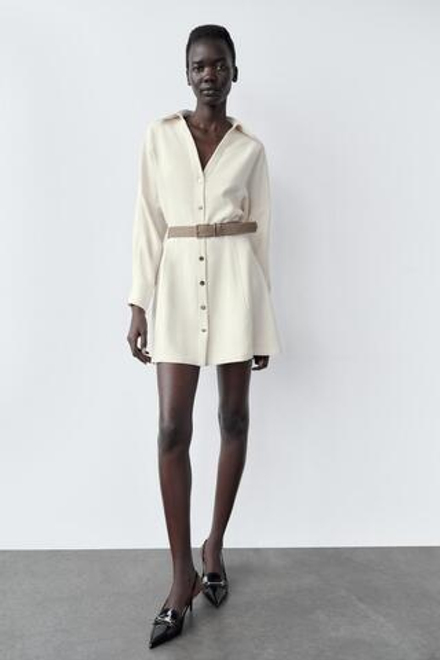 ZARA МИНИ-ПЛАТЬЕ ИЗ КРЕПА С РЕМНЕМ, ЭКРЮ
