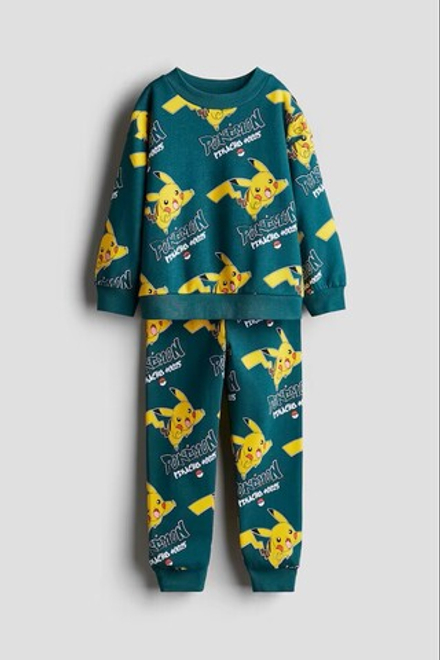 H&M Комплект из брюк-джоггеров и толстовки с принтом, темно-зеленый