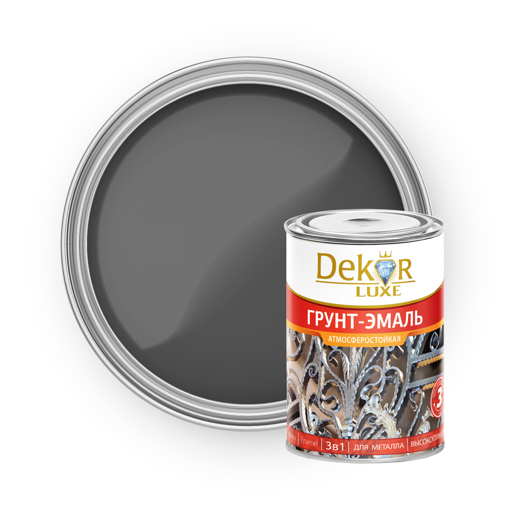 DEKOR LUXE  Грунт-эмаль 3 в 1 атмосферостойкая  Серая 0,9кг (Кубанские краски)