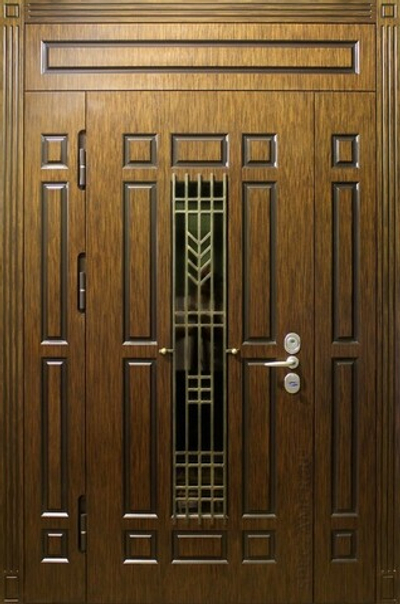 Парадная дверь с двумя боковыми и верхней ставкой со стеклопакетом и ковкой - 1250