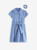 Платье школьное с воротником и поясом для девочки Next Q77-069, Голубой, Белый