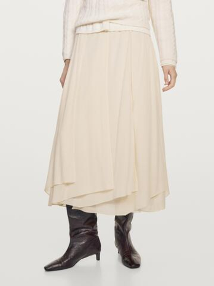 Massimo Dutti Струящаяся юбка миди с оборками, кремовый
