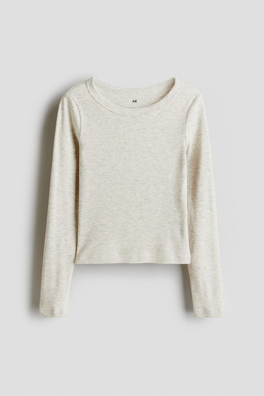 H&M Лонгслив из хлопка в рубчик, светло-бежевый