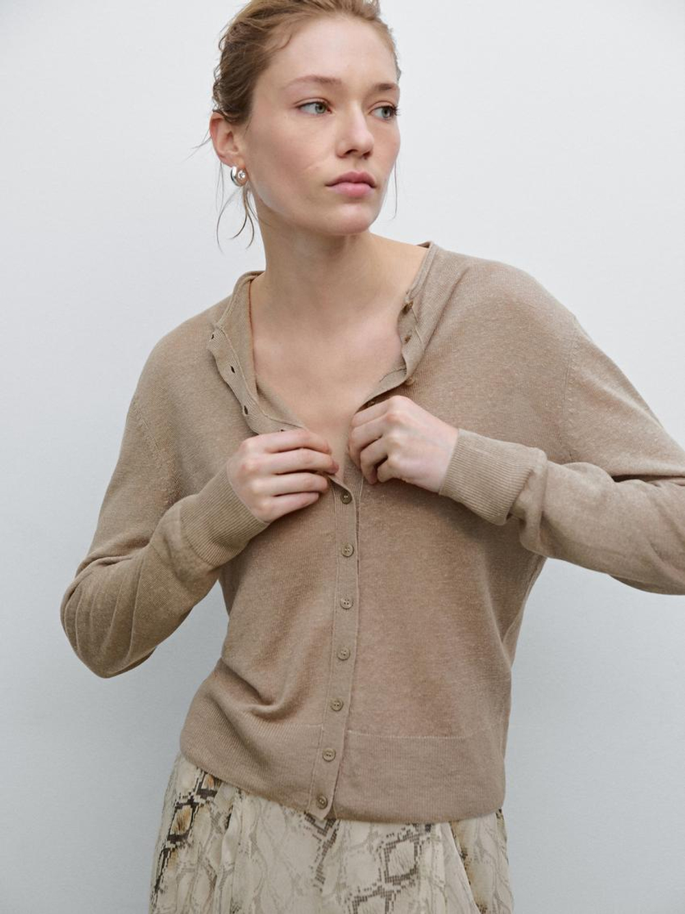 Massimo Dutti Легкий кардиган из 100% льна, кротово-коричневый