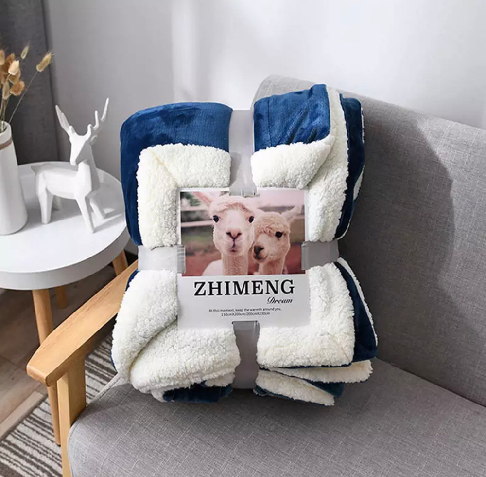 Плед двуспалка Темно-Голубой с белым Барашка Велюр-Плюш 200х230