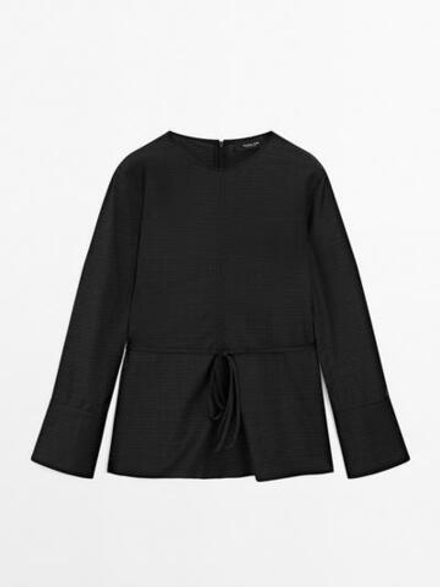 Massimo Dutti Блуза из смесовой шерсти с поясом, черный