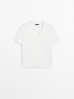Massimo Dutti Футболка из 100% хлопка с V-образным вырезом, белый