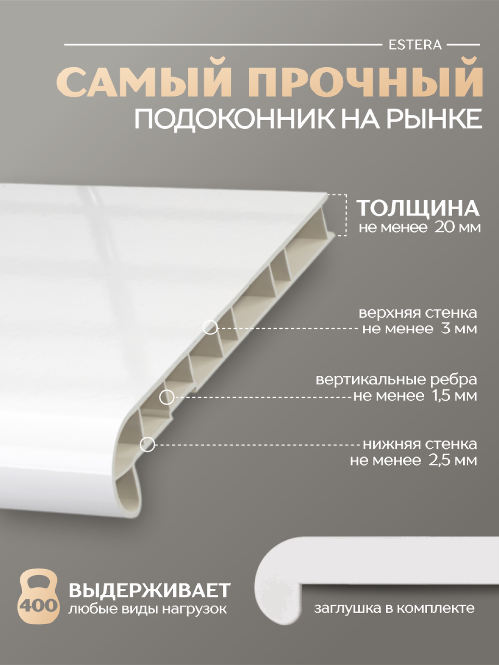 Подоконник пластиковый Эстера белый глянцевый