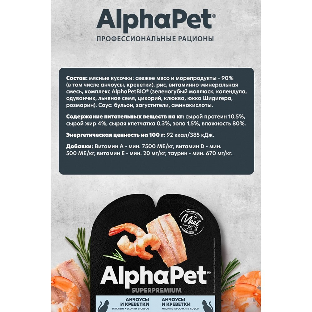 AlphaPet Superpremium 80 г - консервы (блистер) для стерилизованных кошек с анчоусами и креветками (кусочки в желе)