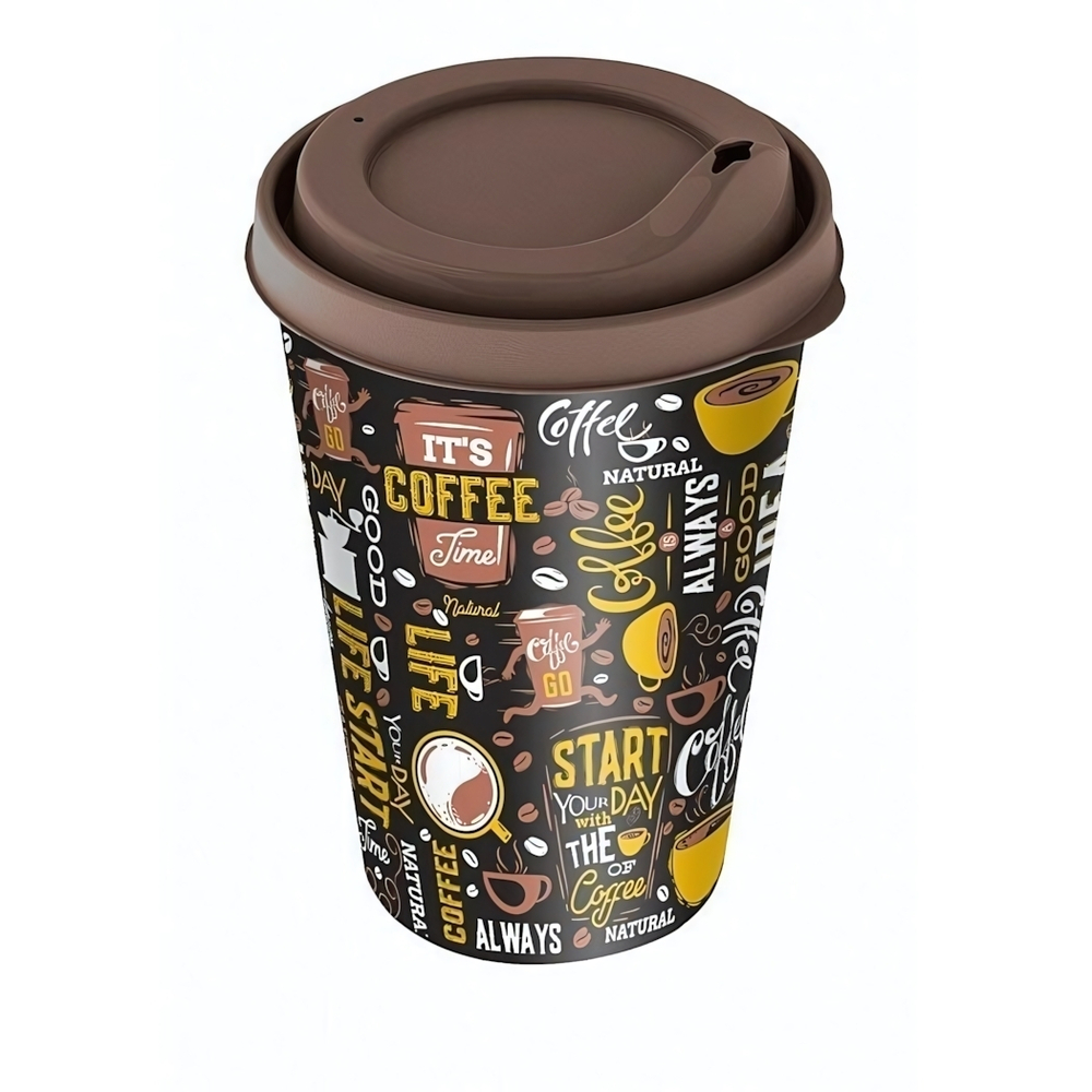 Стакан "IZI-GO" с крышкой 420 мл с декором (темно-коричневый)