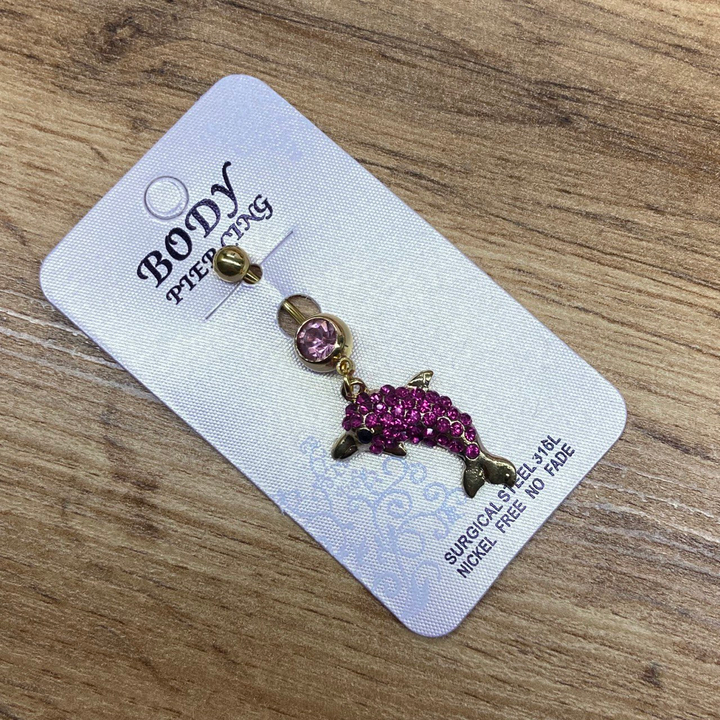 Пирсинг Body Piercing Дельфин стразы розовые металл золотистый