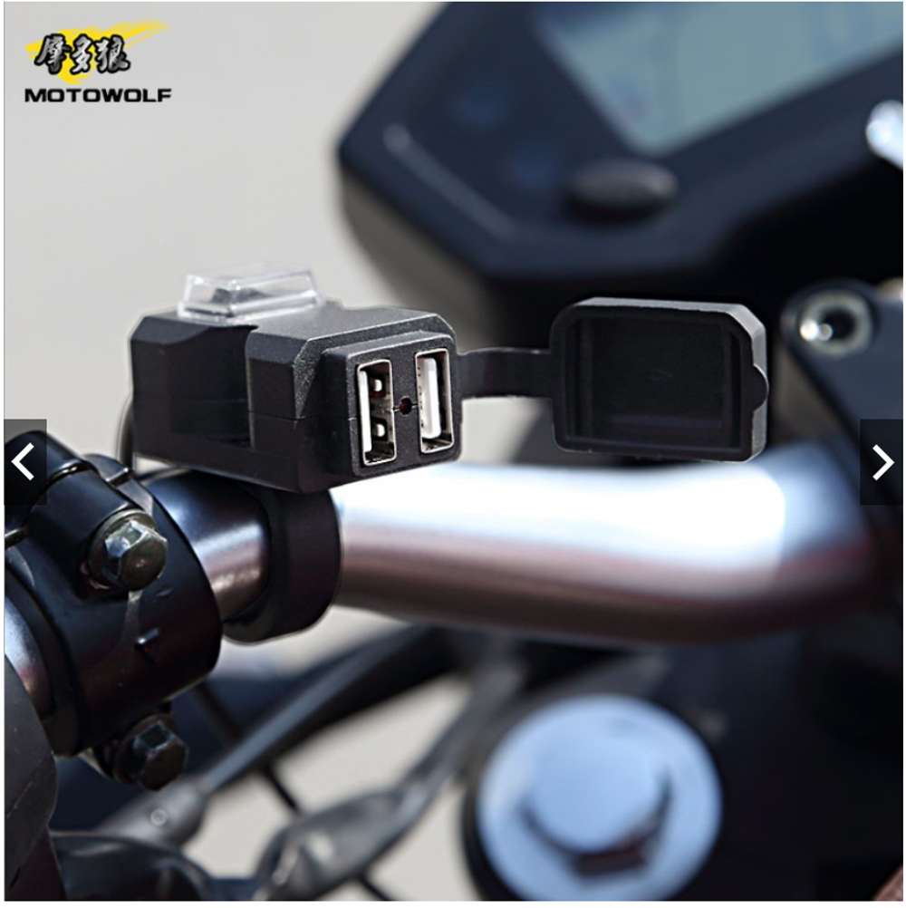USB charger, slim, 2 slots, Fast charge. Dual USB. Handlebar/10mm Mirror mount. Motowolf