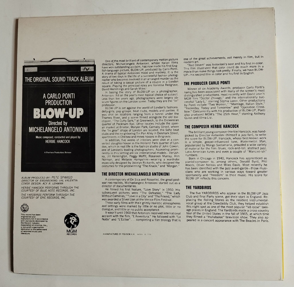 Винтажная виниловая пластинка Michelangelo Antonioni Blow Up Фотоувеличение (The Sound Track Album) (Japan 1977) (No Obi)