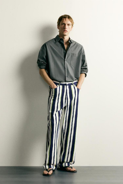 ZARA БРЮКИ STRAIGHT FIT В ПОЛОСКУ, МОРСКОЙ СИНИЙ