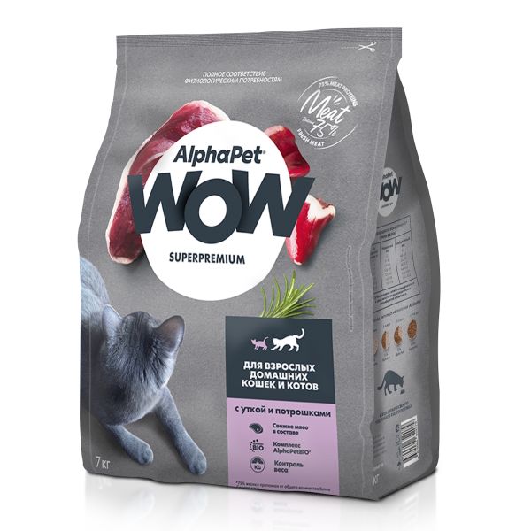 Сухой корм AlphaPet WOW Superpremium для взрослых домашних кошек и котов с уткой и потрошками