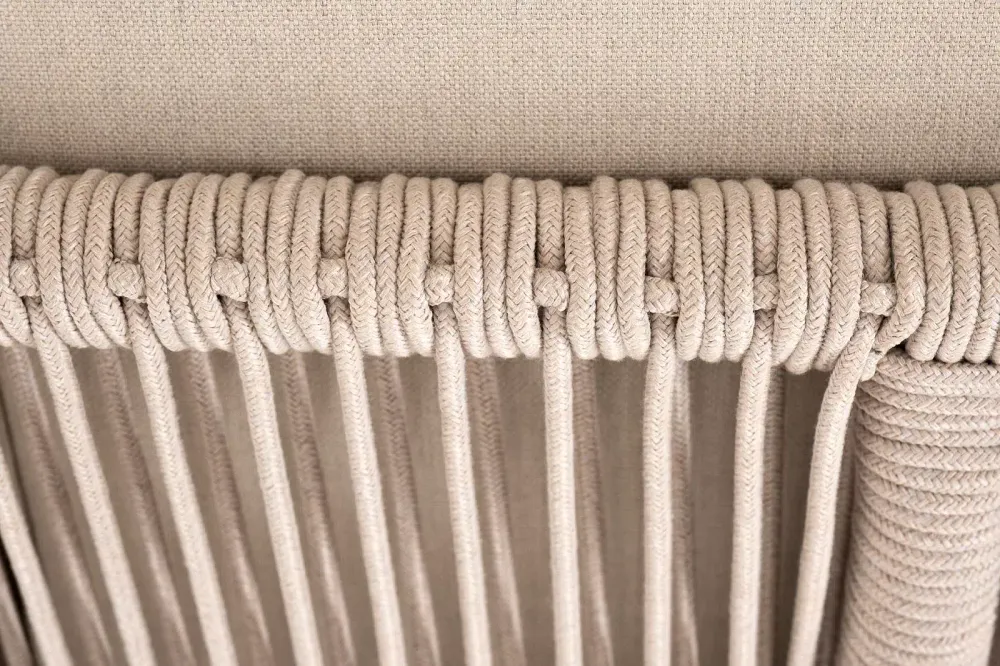 "Канны" угловой модуль плетеный из роупа, основание дуб, роуп бежевый круглый, ткань бежевая 052