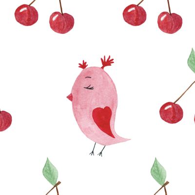 Красная птичка и спелая вишня