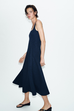 ZARA ПЛАТЬЕ МИДИ НА БРЕТЕЛЯХ, МОРСКОЙ СИНИЙ МЕЛАНЖ