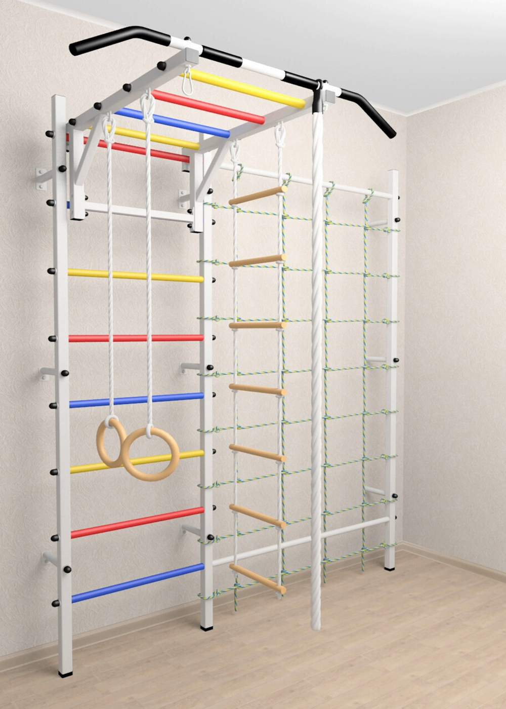 Шведская стенка Sv Sport усиленная 628 (Турник рукоход/Канат/Kольца/Лестница/Канатный лаз/Сетка)