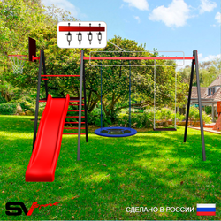 Уличные качели Sv Sport Maxi с горкой УК127.1КВ2 (4.0м/Щит баскет/Гнездо Оксф. 100см/Деревянные/Подвесы на втулке 2к)