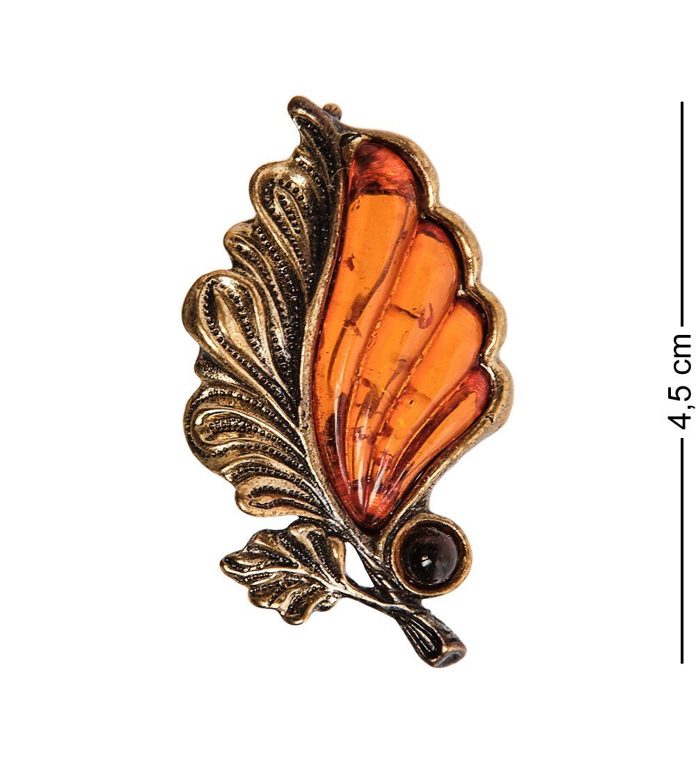 AM-2617 Брошь «Лист Весенний» (латунь, янтарь)