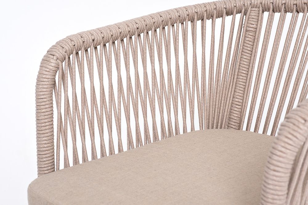 "Марсель" стул барный плетеный из роупа, каркас из стали белый муар, роуп бежевый круглый, ткань бежевая 15052
