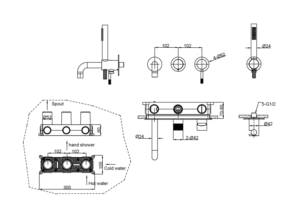 Смеситель встроенный + ручной душ + излив Uno Nikel Brush