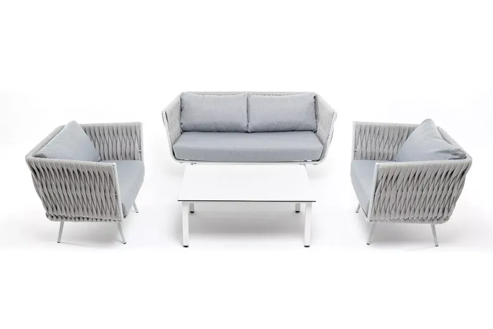 "Монако" лаунж-зона 4-местная из роупа со столом "Верона" (серый гранит), каркас светло-серый, роуп светло-серый