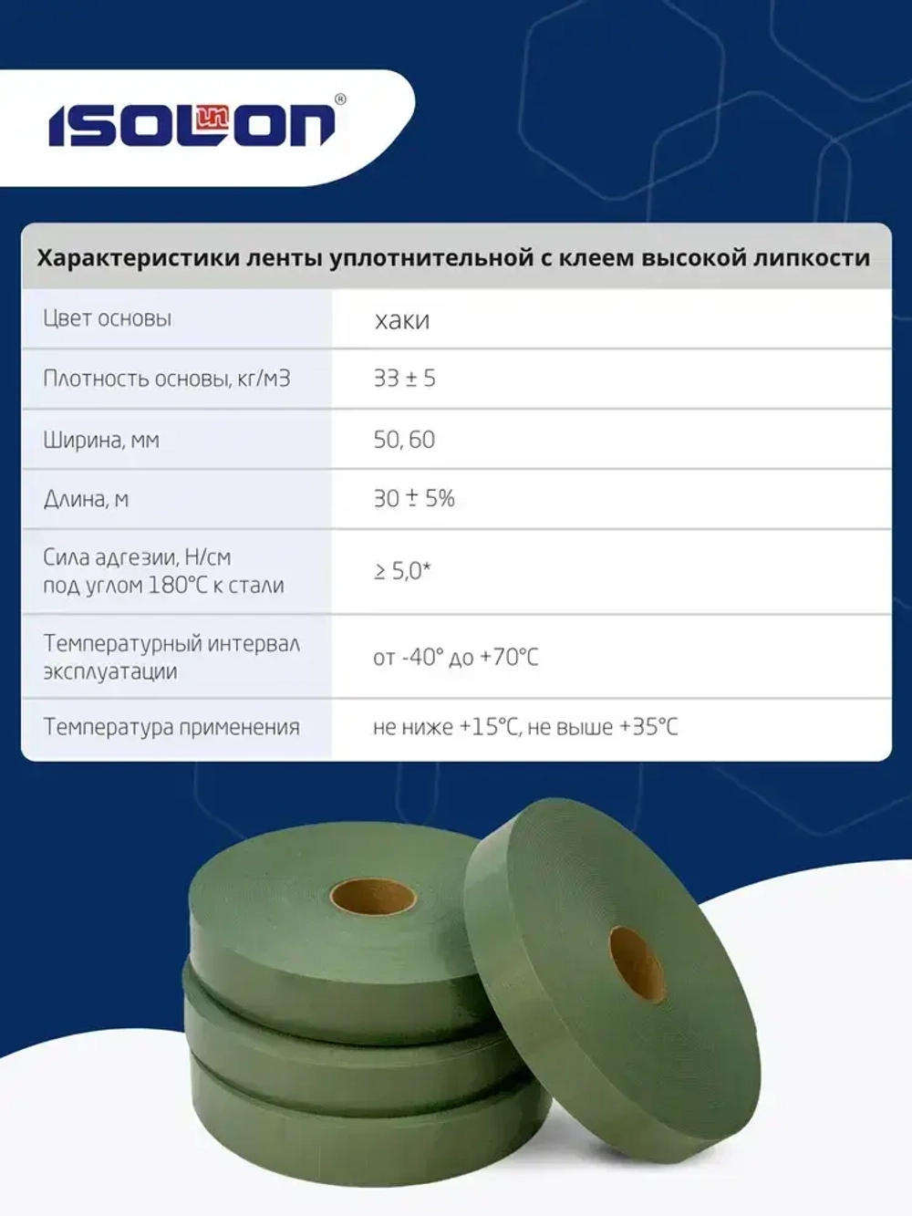 Уплотнительная лента демпферная самоклеящаяся ISOLON Euroband 60х30 мм, хаки