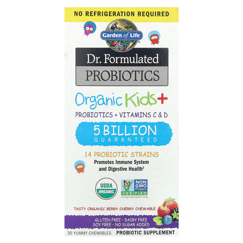 Garden of Life, Dr. Formated Probiotics, Organic Kids +, вкусные органические ягоды и вишня, 30 вкусных жевательных таблеток