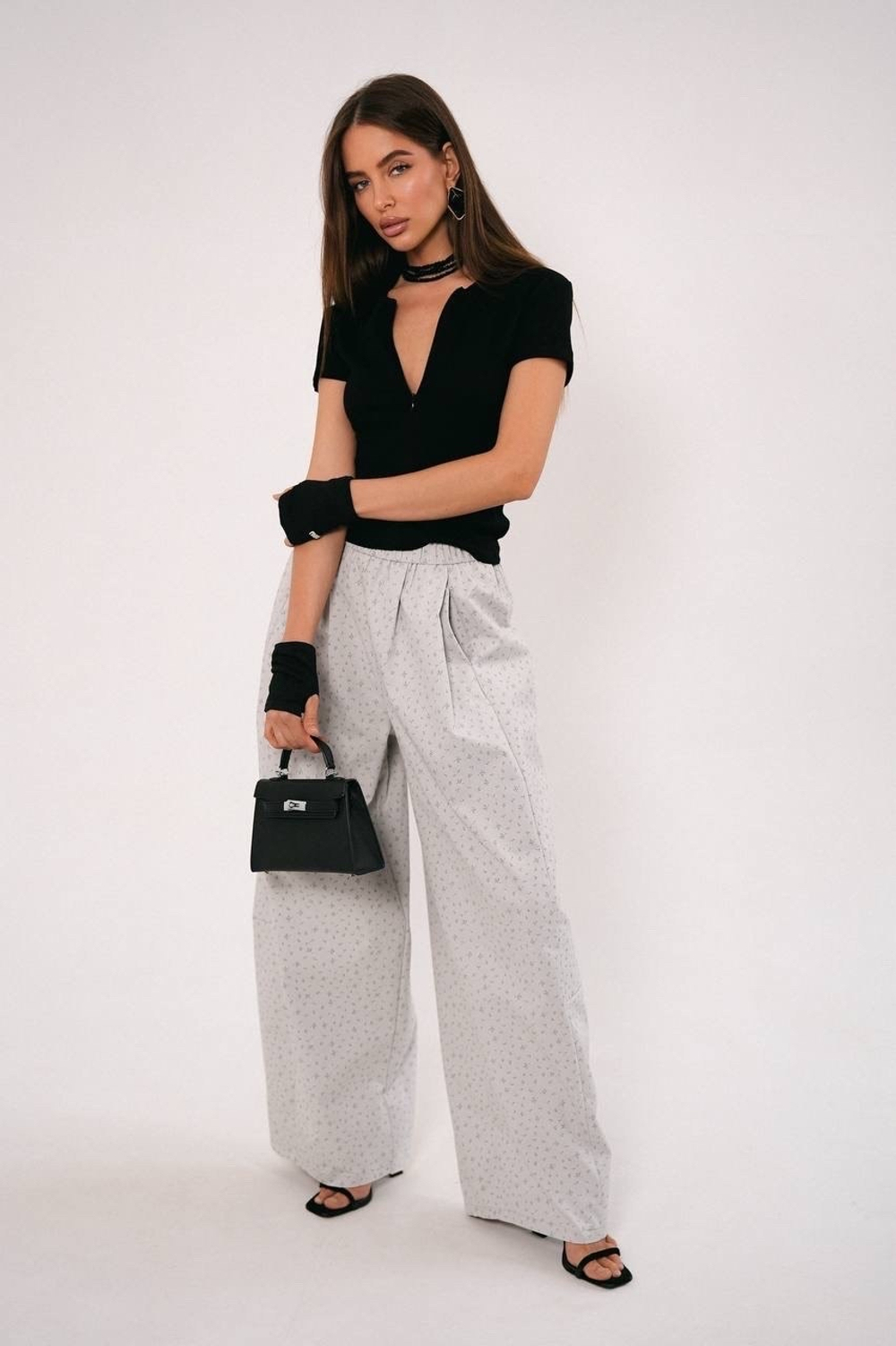 Брюки на резинке из хлопка в мелкий цветочек