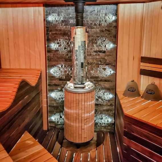 Печь банная «Атмосфера L» в ламелях «Окаменевшее дерево»