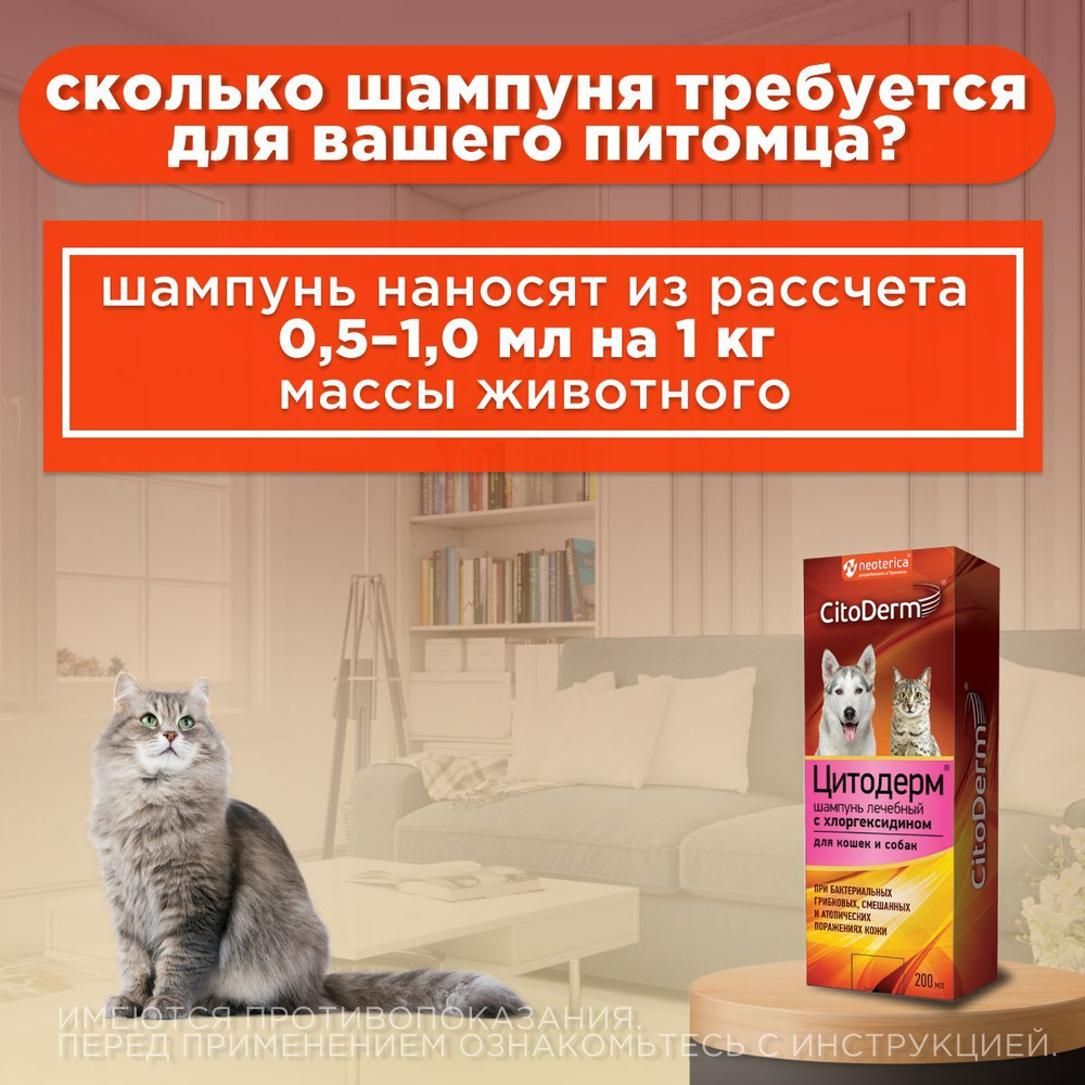 Цитодерм Neoterica, Шампунь от перхоти для кошек и собак лечебный с хлоргексидином , 200 мл. Хлоргексидин.