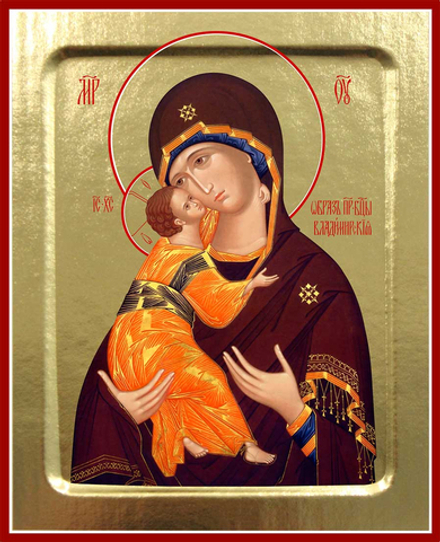 Икона Пресвятой Богородицы, Владимирская (млад. в оранжево-васильковом, взгл. вниз) на дереве: 125 х