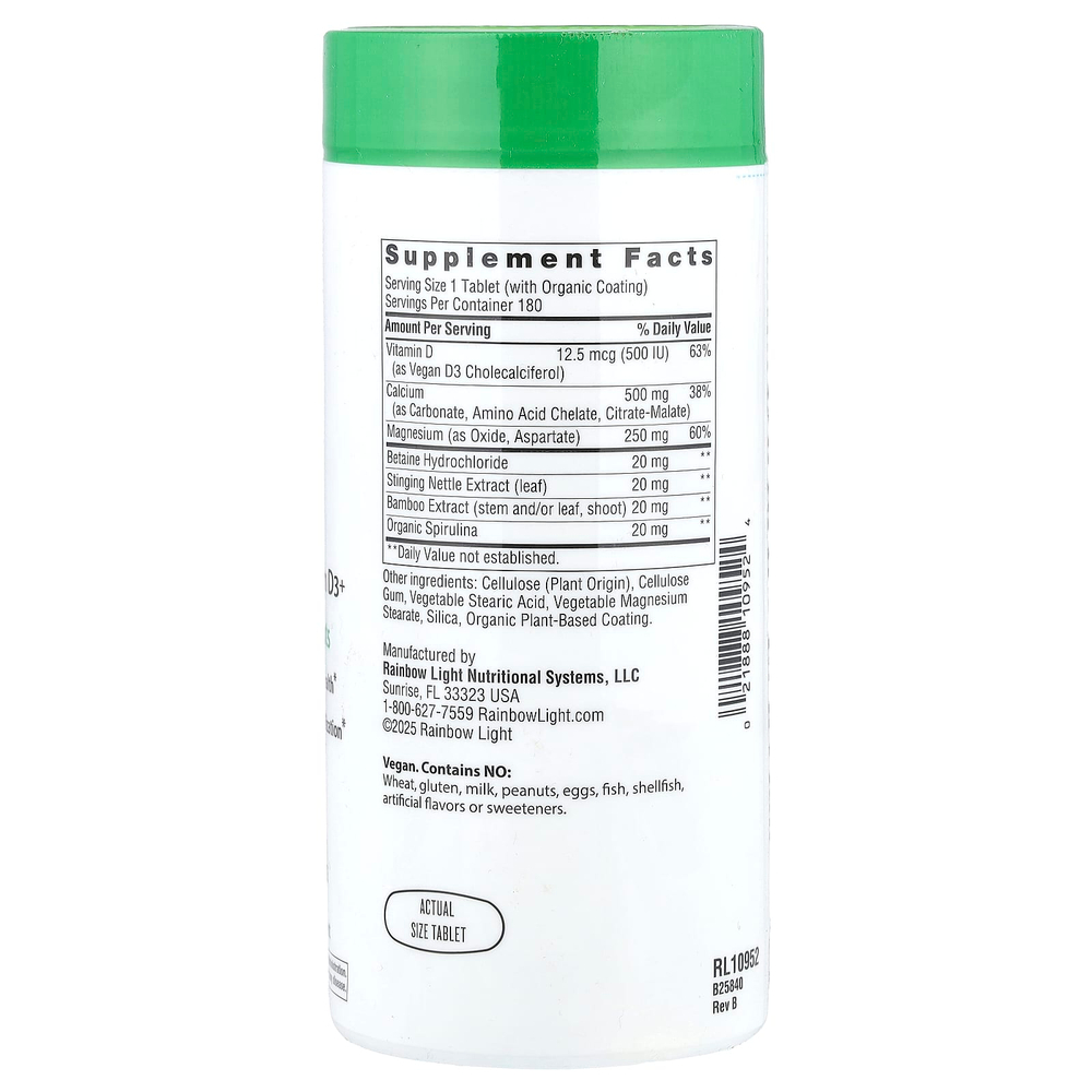 Rainbow Light, кальций с магнием и веганским витамином D3+, 180 таблеток