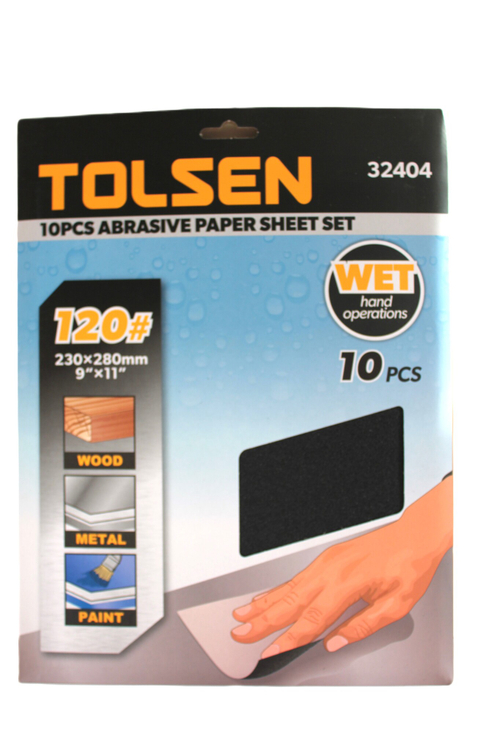 Шлифлист на бумажной основе водостойкий TOLSEN P120 SIC, 230х280мм 10шт. 32404