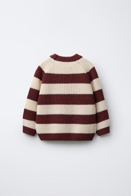 ZARA ВЯЗАНЫЙ ДЖЕМПЕР В ПОЛОСКУ С ШЕРСТЬЮ, ЭКРЮ/ГРАНАТОВЫЙ