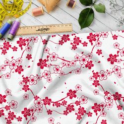 Ткань шифон цветущая сакура на бежевом фоне