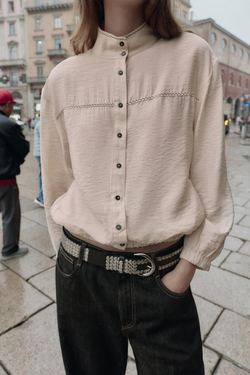 ZARA ТОП-БАЛЛОН С КОНТРАСТНОЙ ОТДЕЛКОЙ, ЭКРЮ