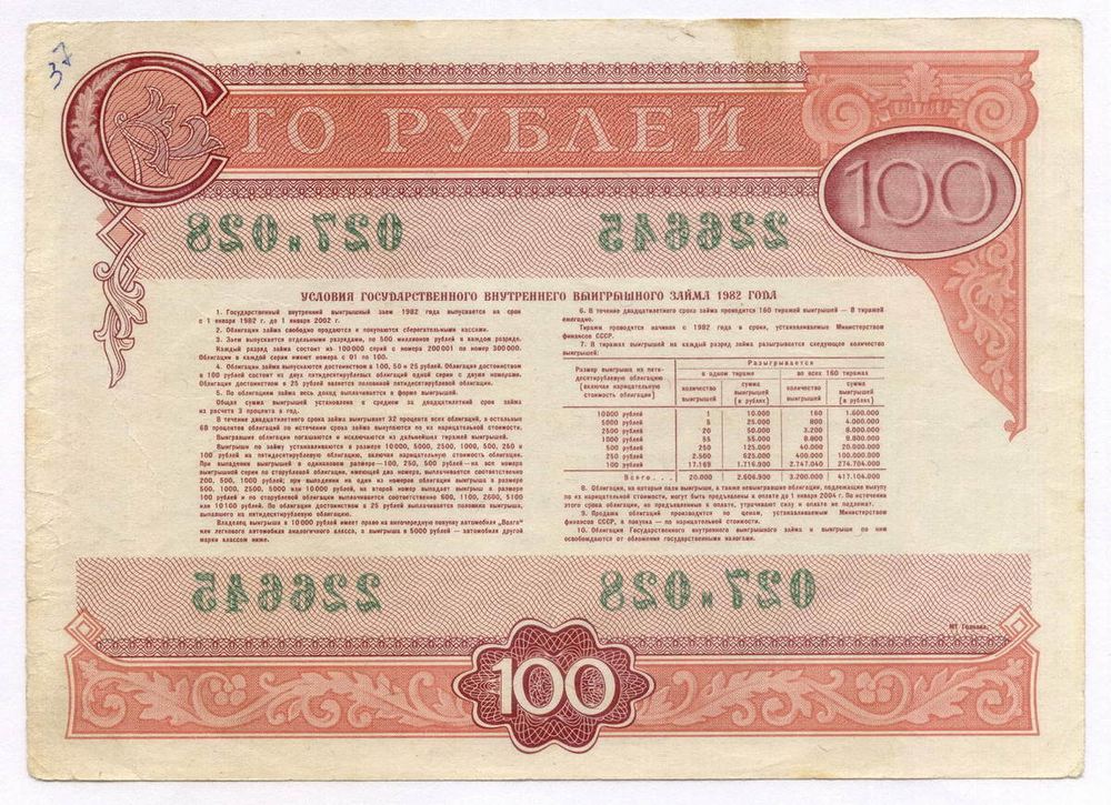Облигация 100 рублей 1982 год. Серия № 226645. VG (надпись)