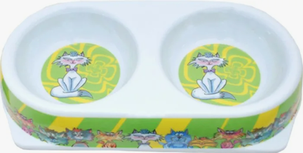 №1 Миска меламиновая, двойная, зеленая, рисунок "кошки", 24,5х13,5см, 180мл.*2