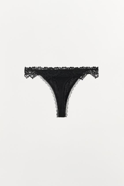 ZARA ТРУСЫ-ТАНГА С КРУЖЕВОМ В РУБЧИК, ЧЕРНЫЙ