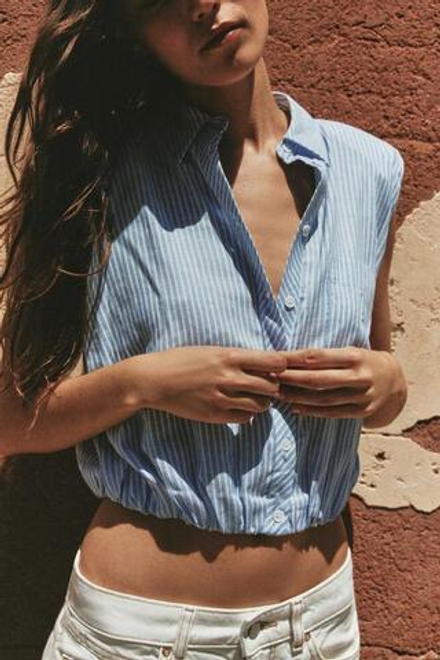 ZARA УКОРОЧЕННАЯ РУБАШКА В ПОЛОСКУ С ПОГОНАМИ, СИНИЙ/БЕЛЫЙ