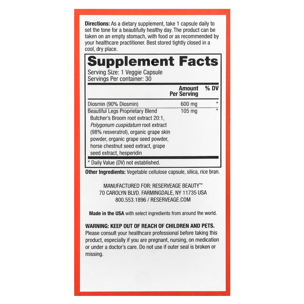Reserveage Beauty, Beautiful Legs с диосмином и ресвератролом, 30 растительных капсул