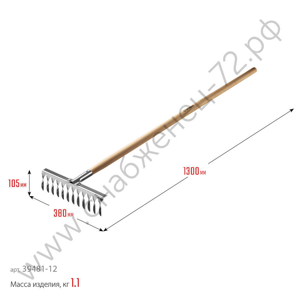 GRINDA PS-12 WOOD, 370 х 105 х 1300 мм, 12 витых зубцов, нержавеющая сталь, деревянный черенок, садовые грабли, PROLine (39481-12)