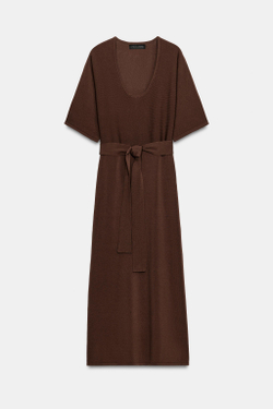 ZARA ТРИКОТАЖНОЕ МИДИ-ПЛАТЬЕ С ПОЯСОМ, КОРИЧНЕВЫЙ