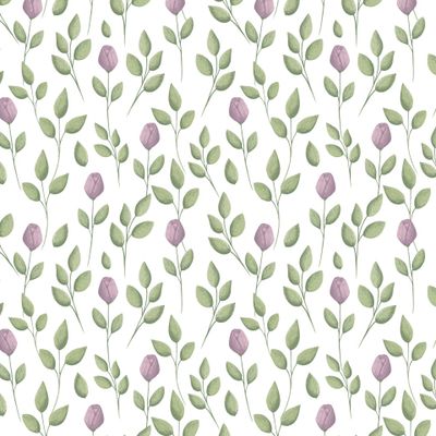 Сиреневые цветы и зеленые листья на белом фоне